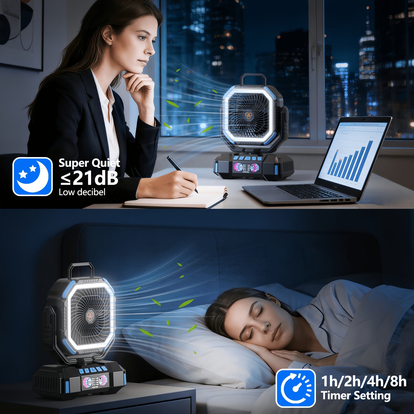 40000mAh Camping Fan, Battery Powered Fan with 4 LED Lights, 4-Speed Table Fan with Remote Control, Portable Rechargeable Outdoor Fan with Tent Hook, Long-lasting, High-capacity Battery-the Top Choice for Camping Gear (Blue\u002FOrange\u002FGreen).