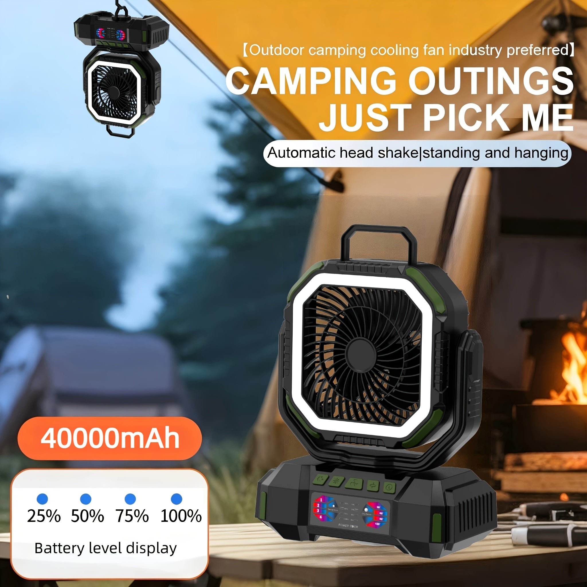 40000mAh Camping Fan, Battery Powered Fan with 4 LED Lights, 4-Speed Table Fan with Remote Control, Portable Rechargeable Outdoor Fan with Tent Hook, Long-lasting, High-capacity Battery-the Top Choice for Camping Gear (Blue\u002FOrange\u002FGreen).