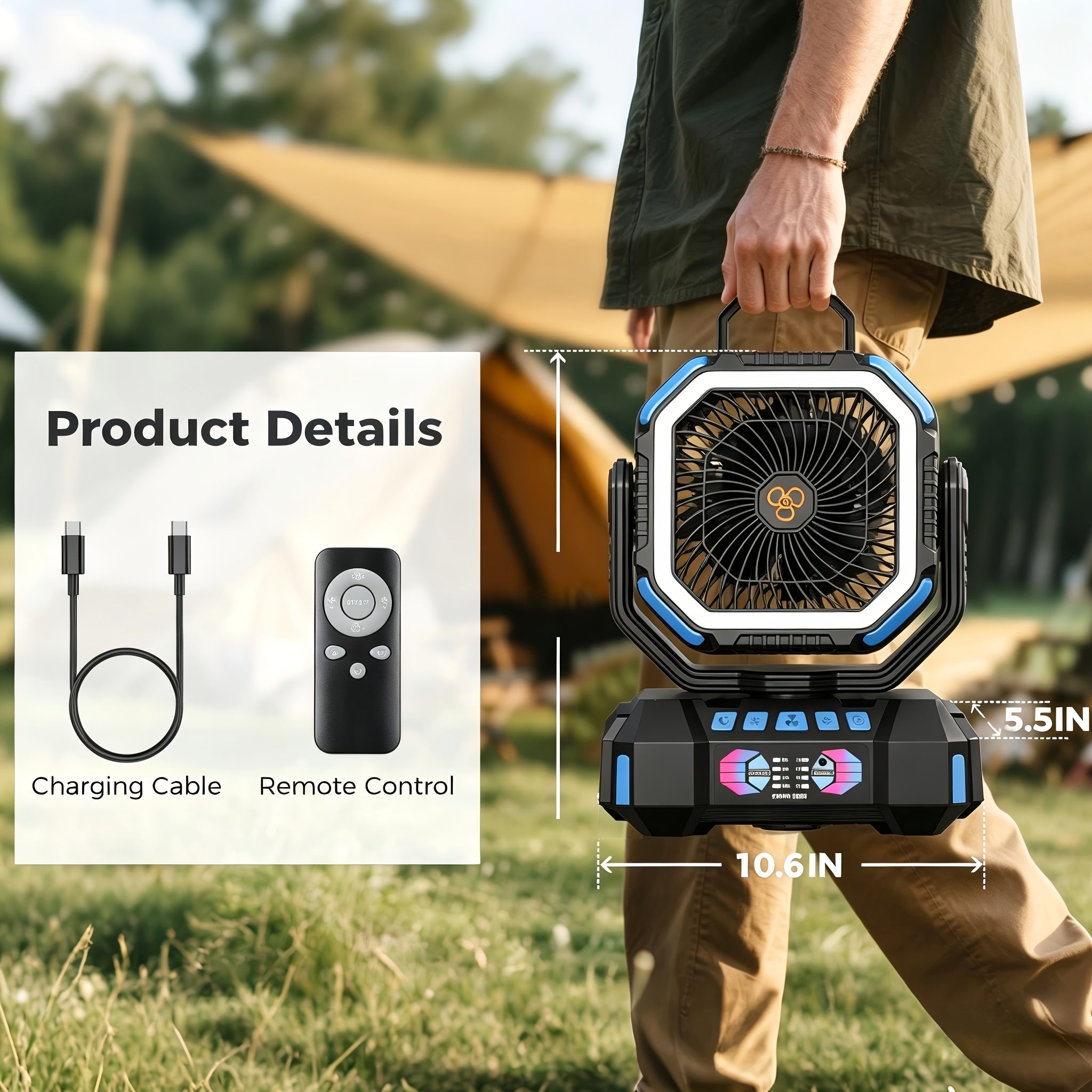 40000mAh Camping Fan, Battery Powered Fan with 4 LED Lights, 4-Speed Table Fan with Remote Control, Portable Rechargeable Outdoor Fan with Tent Hook, Long-lasting, High-capacity Battery-the Top Choice for Camping Gear (Blue\u002FOrange\u002FGreen).