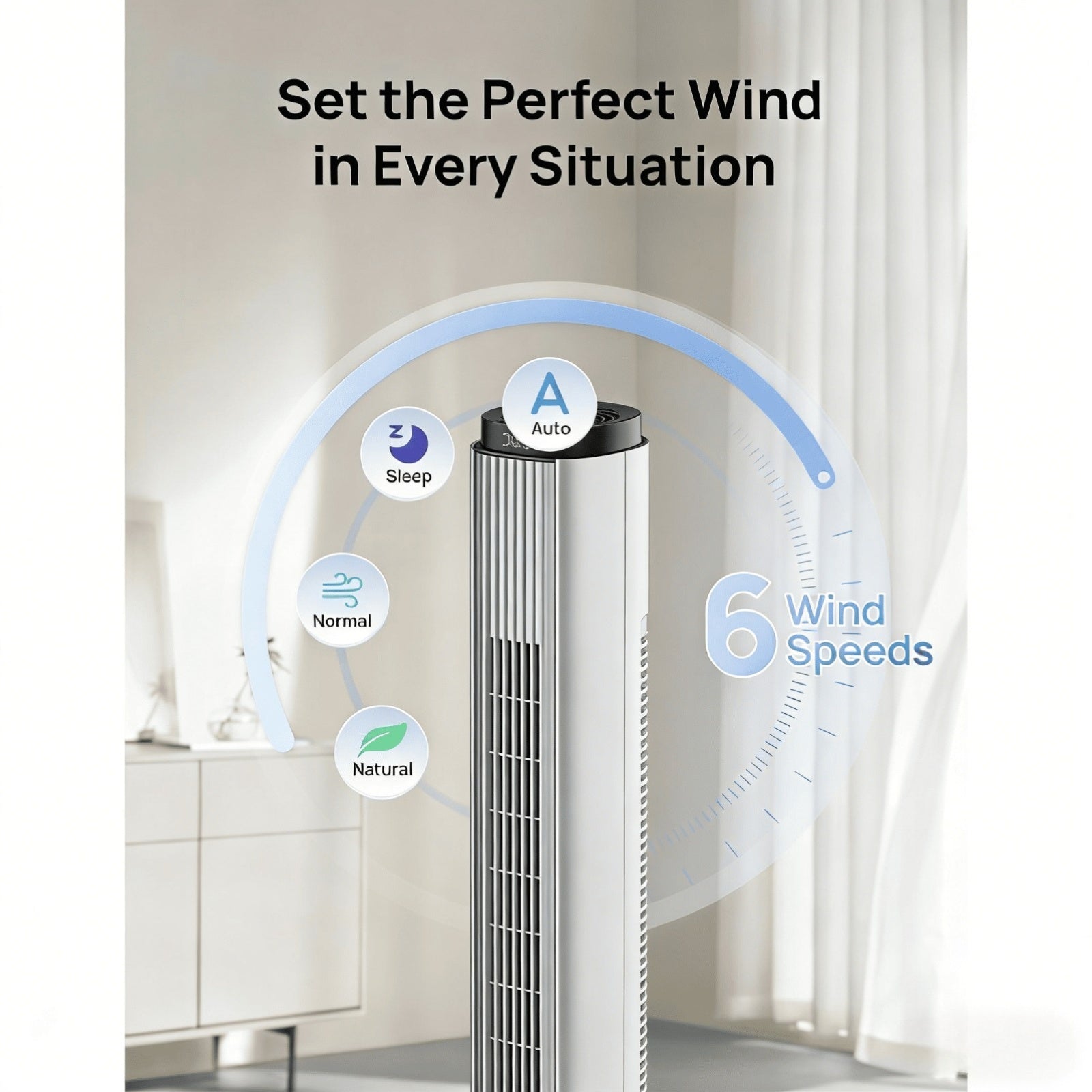 36-Inch Tower Fan Featuring an LED Display, Six Wind Speeds, Four Modes, a 12-Hour Timer, And 80° Oscillation. It Has a 50W Motor That Produces Strong Winds at 7M\u002FS with Low Noise Levels of 39Db, And Is Detachable And Washable