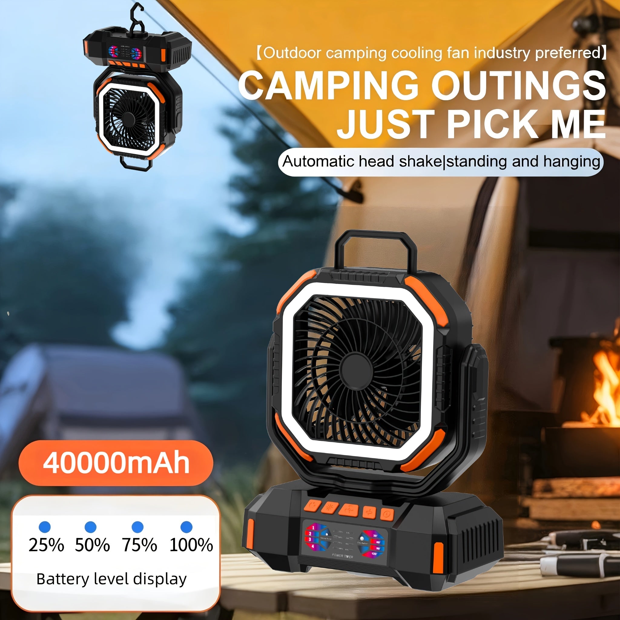 40000mAh Camping Fan, Battery Powered Fan with 4 LED Lights, 4-Speed Table Fan with Remote Control, Portable Rechargeable Outdoor Fan with Tent Hook, Long-lasting, High-capacity Battery-the Top Choice for Camping Gear (Blue\u002FOrange\u002FGreen).