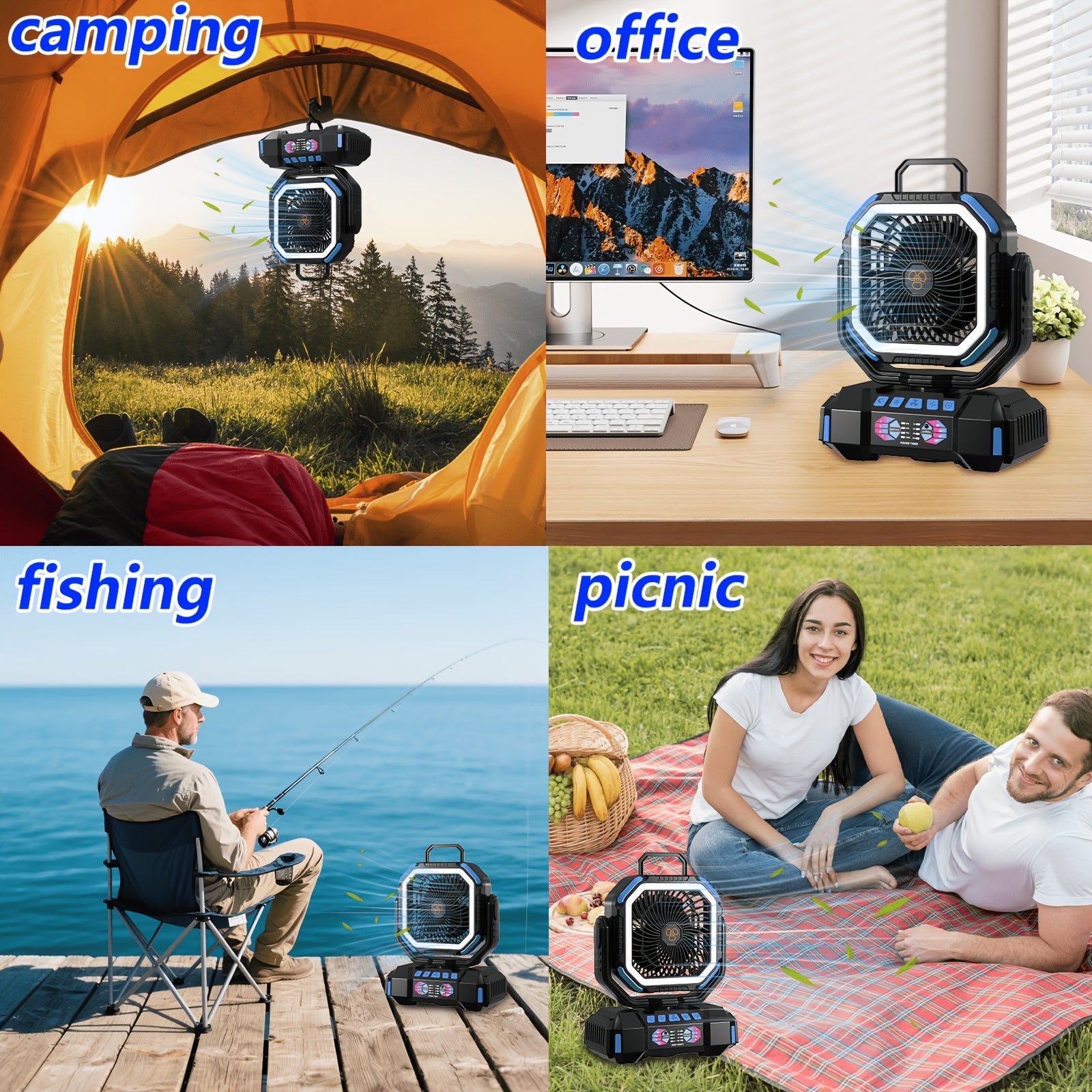 40000mAh Camping Fan, Battery Powered Fan with 4 LED Lights, 4-Speed Table Fan with Remote Control, Portable Rechargeable Outdoor Fan with Tent Hook, Long-lasting, High-capacity Battery-the Top Choice for Camping Gear (Blue\u002FOrange\u002FGreen).