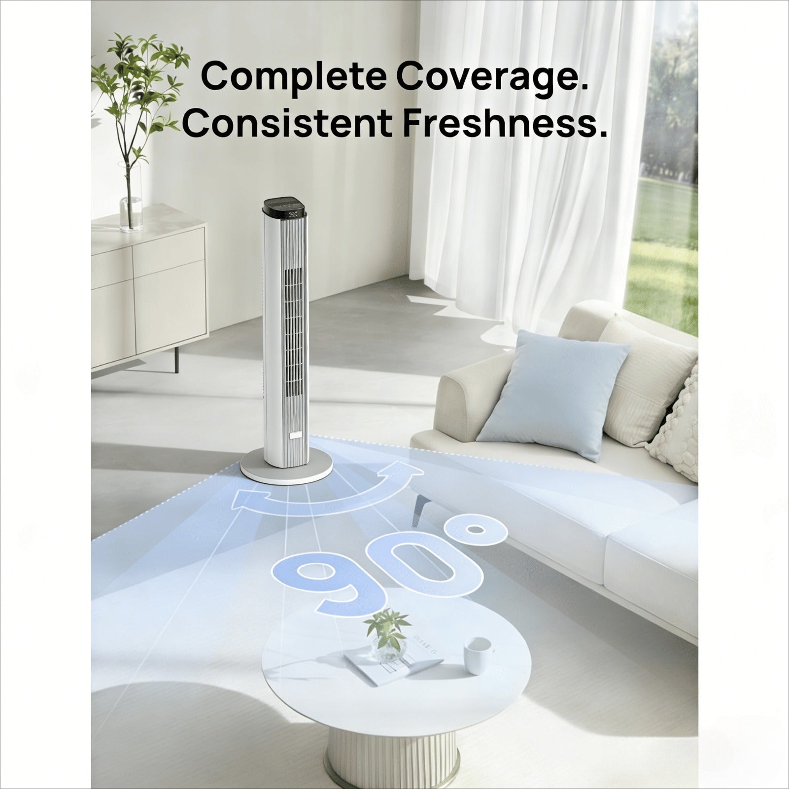 36-Inch Tower Fan Featuring an LED Display, Six Wind Speeds, Four Modes, a 12-Hour Timer, And 80° Oscillation. It Has a 50W Motor That Produces Strong Winds at 7M\u002FS with Low Noise Levels of 39Db, And Is Detachable And Washable