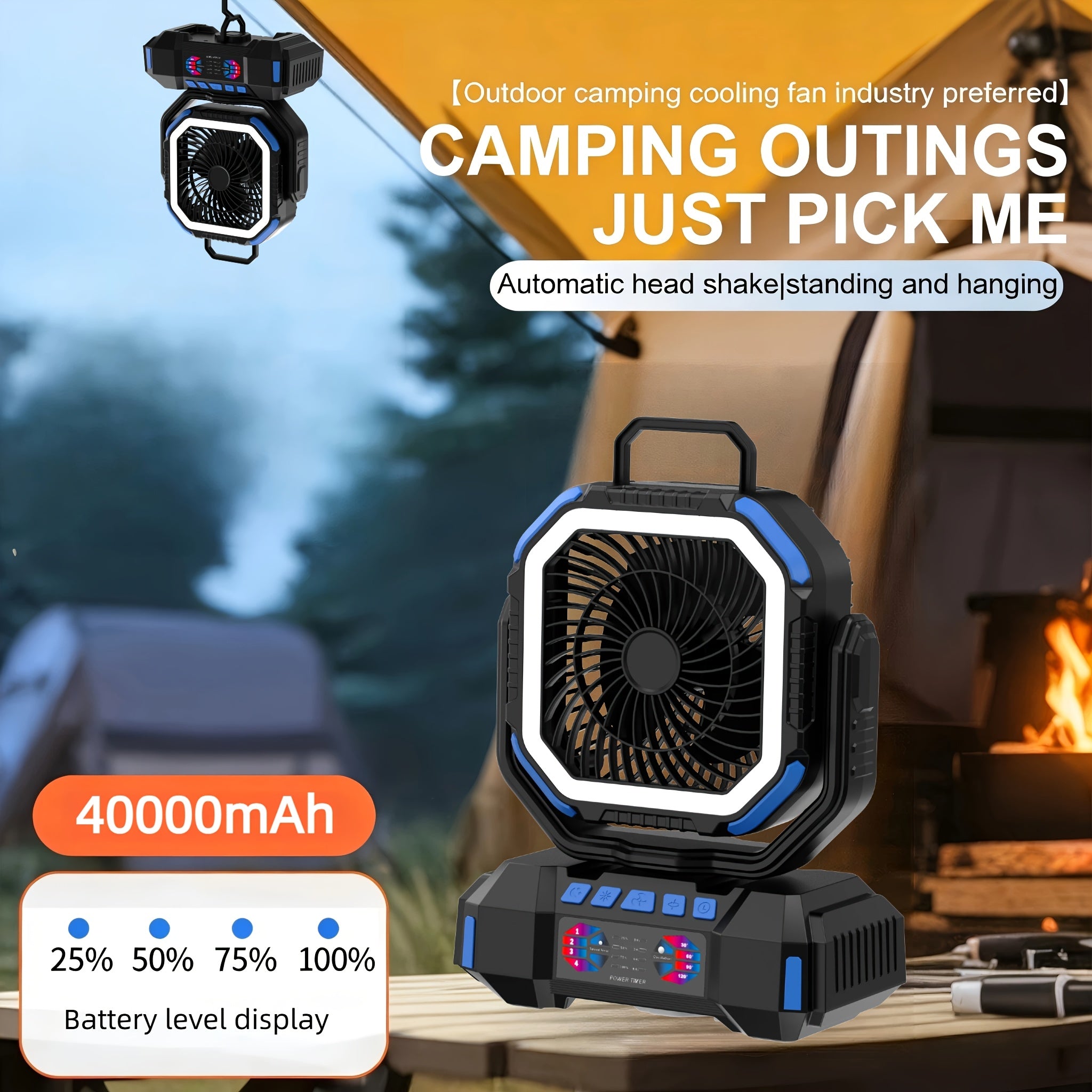 40000mAh Camping Fan, Battery Powered Fan with 4 LED Lights, 4-Speed Table Fan with Remote Control, Portable Rechargeable Outdoor Fan with Tent Hook, Long-lasting, High-capacity Battery-the Top Choice for Camping Gear (Blue\u002FOrange\u002FGreen).