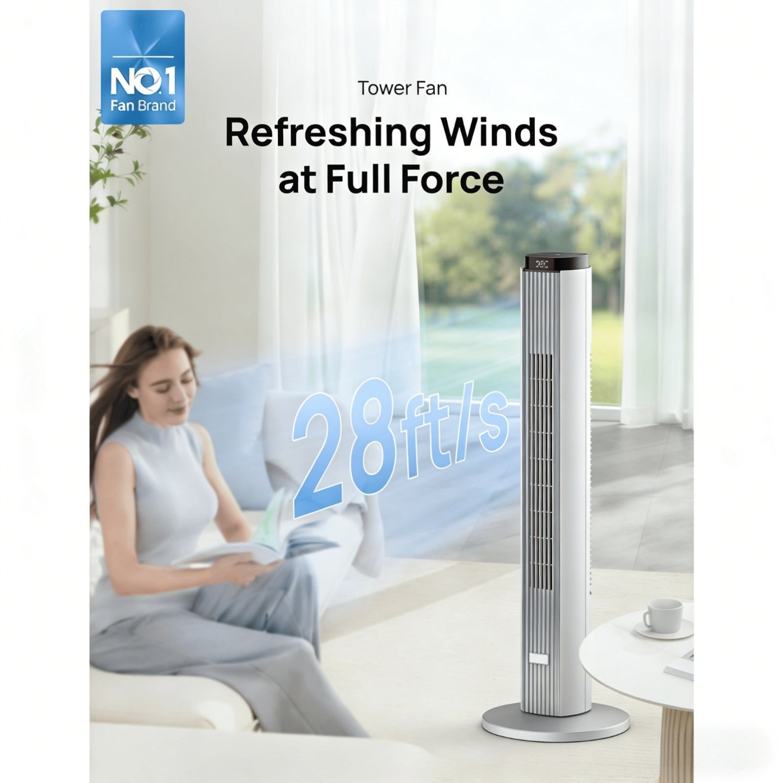 36-Inch Tower Fan Featuring an LED Display, Six Wind Speeds, Four Modes, a 12-Hour Timer, And 80° Oscillation. It Has a 50W Motor That Produces Strong Winds at 7M\u002FS with Low Noise Levels of 39Db, And Is Detachable And Washable